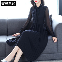 2020 spring summer new medium long section black butterfly knot waist display slim temperament 100 plexor large swing a character one-piece dress