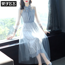 2019 Early spring season new medium long section Lotus Leaf Side Butterfly Knot Very Fairys Skirt Po Dot Lace Mesh Yarn Dress Dress