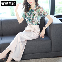 Summer Ocean Fashion Butterfly Knot Printed Snowspun Lining Shirt Pants Suit Pendant Sensation Broadlegged Pants Two Sets Women