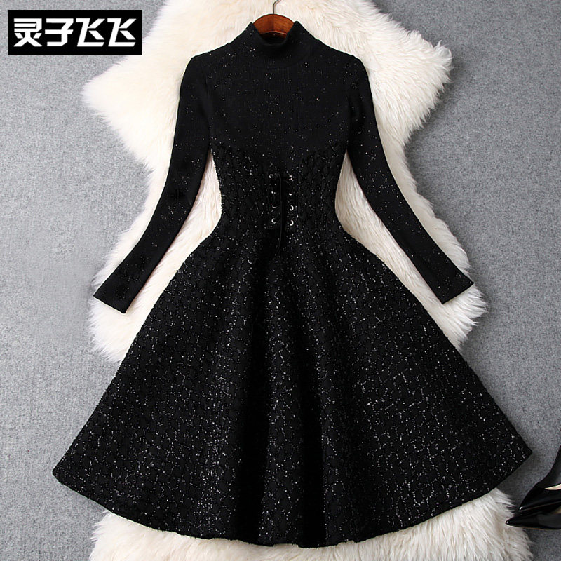 Fall/winter new waist lace-up slim long sleeve big swing Hepburn wind small black dress long black knit dress