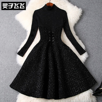 Autumn and winter new waist lace-up thin long sleeves big swing Hepburn style small black skirt mid-length black knitted dress