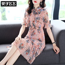 2019 spring new womens dress black mid-length half sleeves waist display slim a character large swing wave point printed one-piece dress