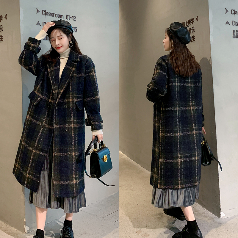 Large size fat sister mm plaid woolen coat women's new autumn and winter clothes long Korean version was thin woolen coat