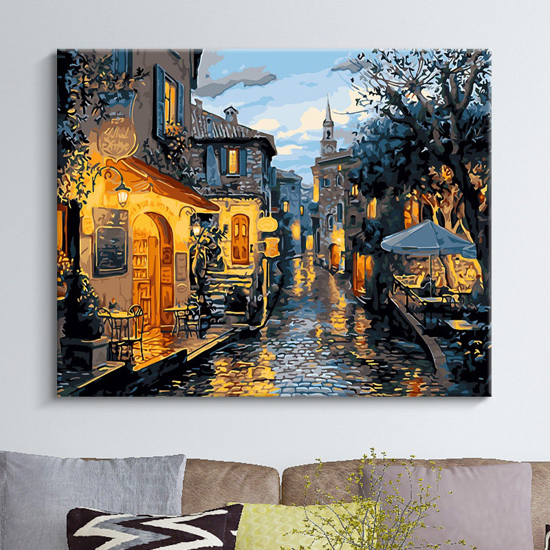 油彩画[模写] 数字油画diy填色画治愈系儿童涂色颜料水彩画雨后小巷填充高级感-淘宝网