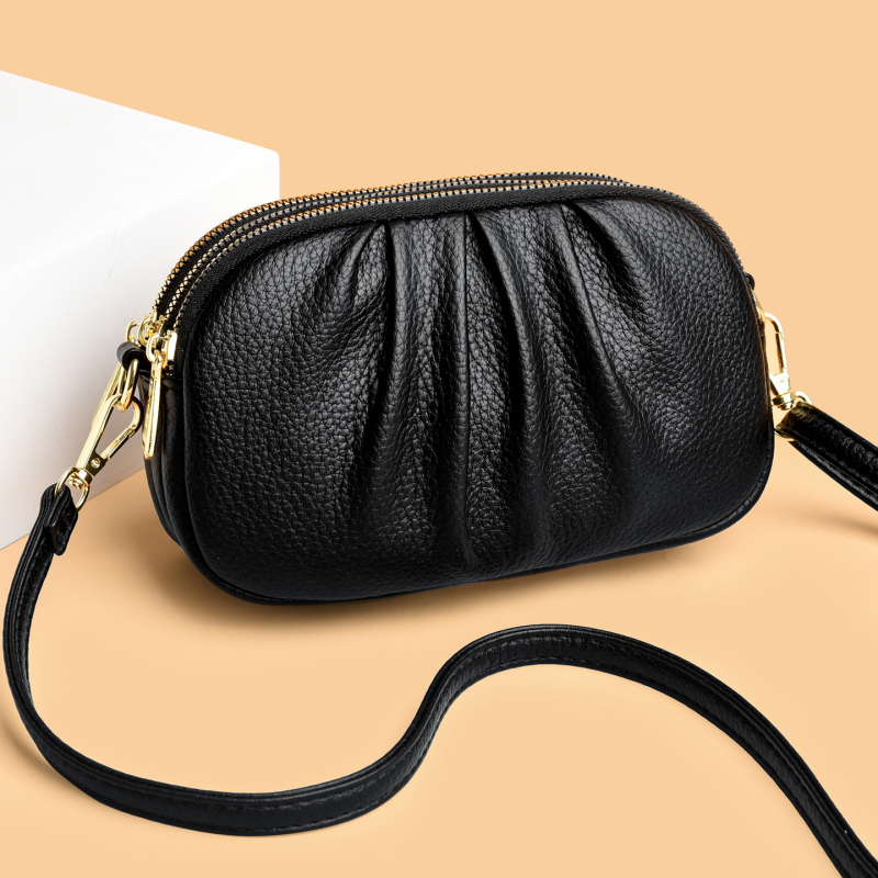 Genuine Leather Pleated Small Bag for Women 2026 New Three-Layer Crossbody Coin Purse Cowhide Mom Bag Shoulder Bag Phone Bag
