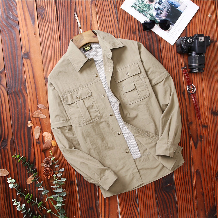 Long-Sleeved Shirt for Men, Outdoor Casual Summer Thin Quick-Drying Shirt, Two-Piece Detachable Quick-Drying Shirt for Hiking and Mountaineering