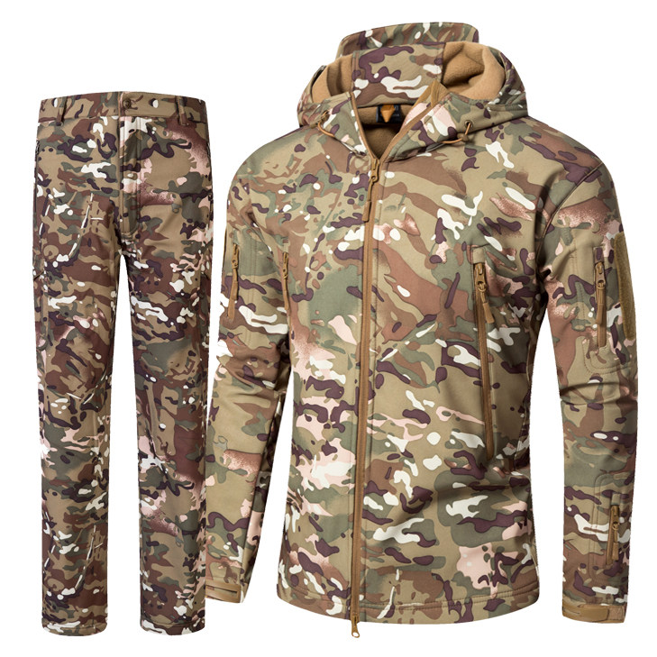 Shark Skin Soft Shell Submachine Suit Pants Suit Men's Camouflate Jacket Outdoor Climbing Fishing Dress Plus Suede Waterproof And Breathable