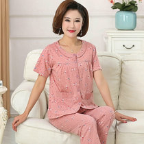 Middle aged pyjamas woman spring summer thin pure cotton short sleeve long pants round collar open shirt button elderly mother-in-law Grandmothers home clothes