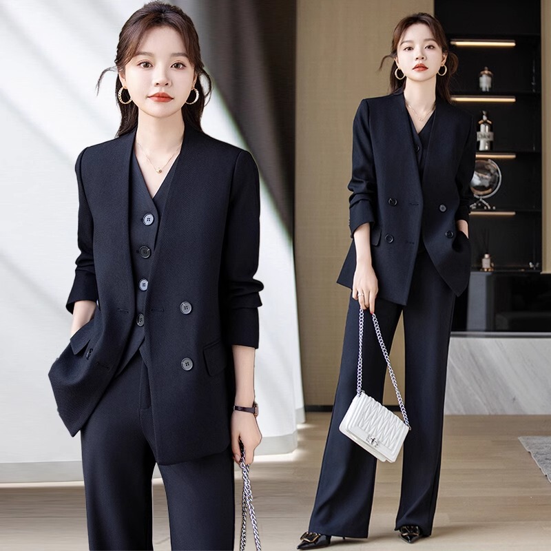 Black Blazer for Women, New Autumn and Winter Style, Elegant Silhouette, Collarless Top, Women's Professional Workwear Suit