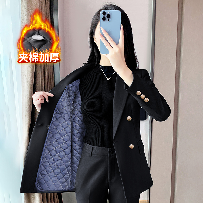 Black Suit Suit for Women in Autumn and Winter Thickeneded High-End Hotel Bank Work Clothes Professional Cotton Suit Jacket