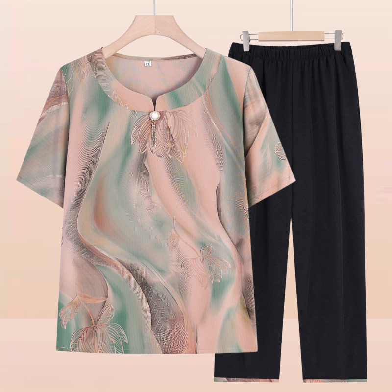 Grandma's Summer Ice Silk Suit, Middle-Aged and Elderly Women's Short-Sleeved T-Shirt, Mother's Summer Two-Piece Set, Old Lady's Clothes