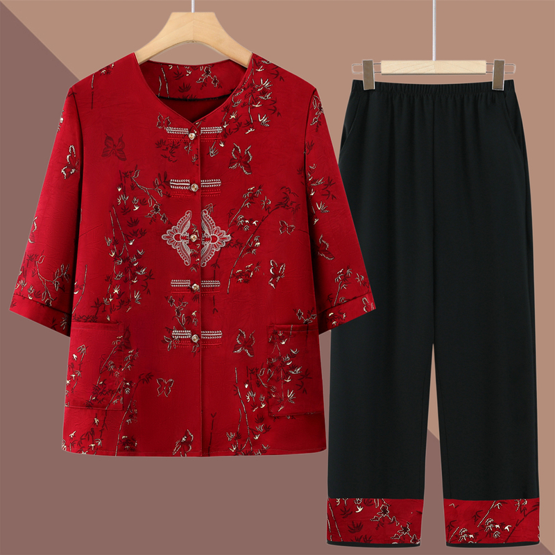 Summer Clothes for Middle-Aged and Elderly Women, Grandma's Shirt Suit, Mom's Summer Tang Suit, Festive Two-Piece Set, Old Lady's Clothes