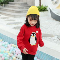Baby Christmas clothes parent-child clothing Q4 winter childrens clothing plus velvet sweater Korean version of hairball Penguin climb suit whole home