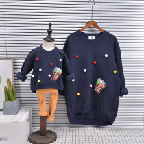 Children plus velvet sweater mother and child winter Korean Q4 boy round neck ball shirt girl undercover mother dress