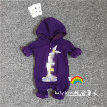 Baby hooded plus velvet clothes climbing clothes autumn and winter Q4 boys cartoon rabbit dark purple clothes baby jumpsuit