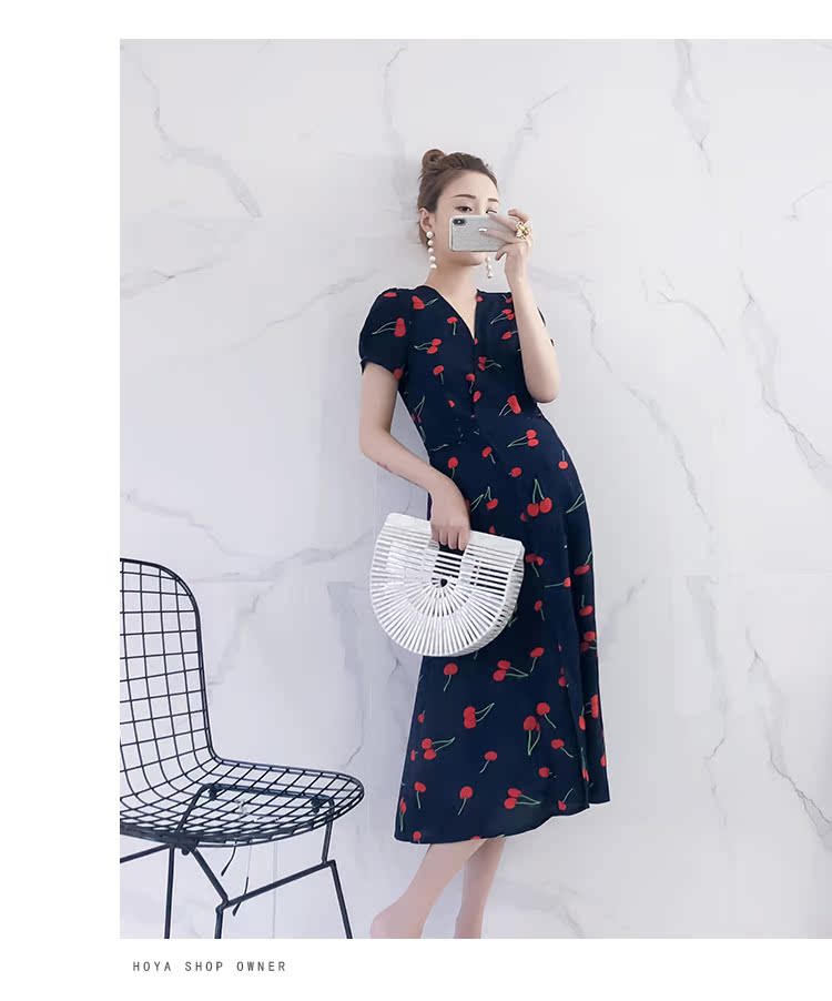 Váy bà bầu mùa hè 2019 phiên bản mới của Hàn Quốc họa tiết hoa cổ chữ V dài tay ngắn - Áo thai sản áo dài bầu