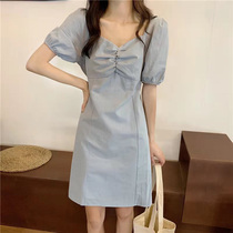 Summer new Korean dress female slim solid color waist A- line dress female college wind bubble sleeve t-shirt