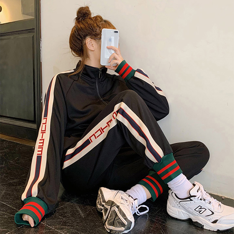 Sports Suit Women Spring Autumn 2021 New Internet Red Fried Street Laced Black Polenta Casual Clothing Winter Two Sets