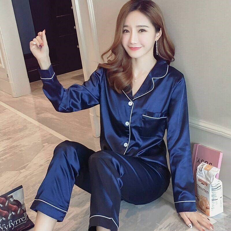 Sleepwear Female Summer Autumn Long Pants Long Sleeves Emulation Silk Two Sets Students Han Edition Intensify the Gats Spring and Autumn Home Suits Suit