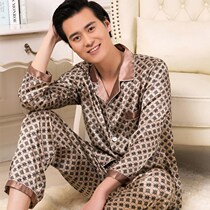 (High quality color pajamas) mens pajamas spring and autumn thin ice silk long sleeve summer middle-aged spring Noble