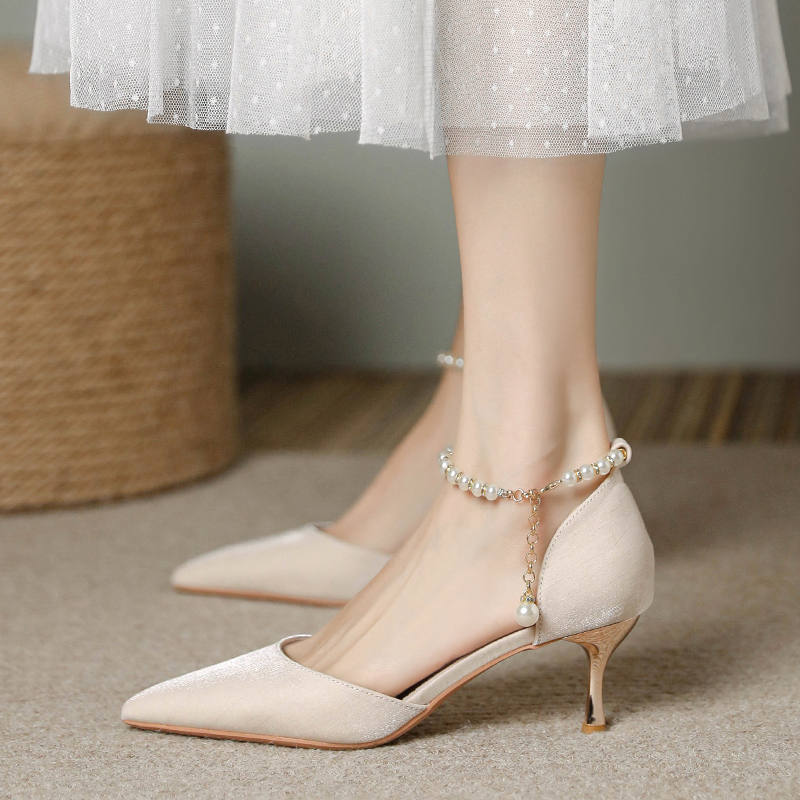 Apricot-Colored Pointed-Toe Stiletto High-Heeled Sandals for Women, Closed-Toe, 3cm Pearl Bridesmaid Shoes, 2025 New Style Single Shoes