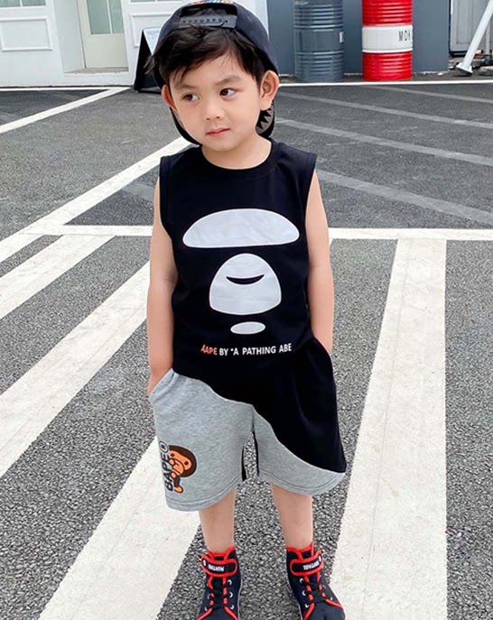 Tide Card Bape Boy Dress Ape Head Male And Female Child Sleeveless Vest T-shirt Collared Shorts Suit Summer Dress
