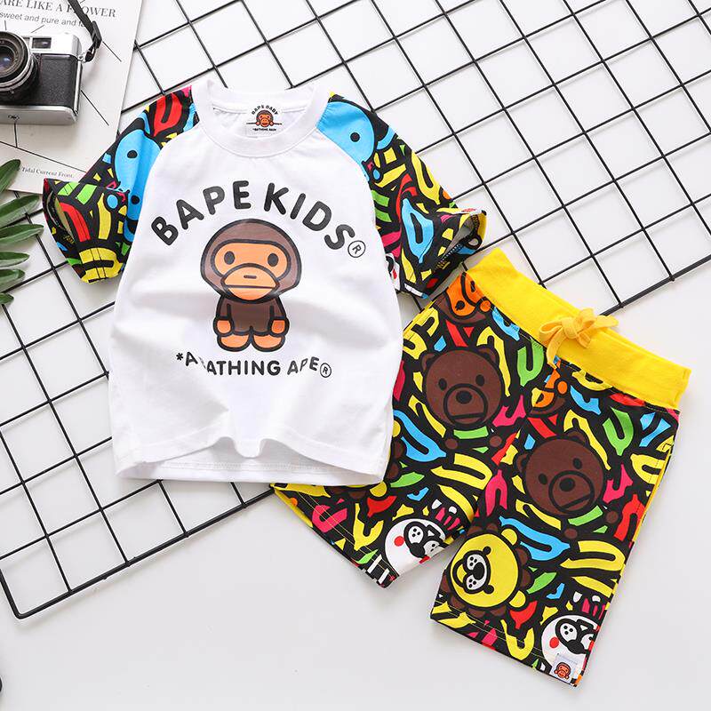 Japanese bape Summer men and women Children Suits Ape Heads Tide Cards T-shirts Children Short Sleeve Shorts Two Pieces