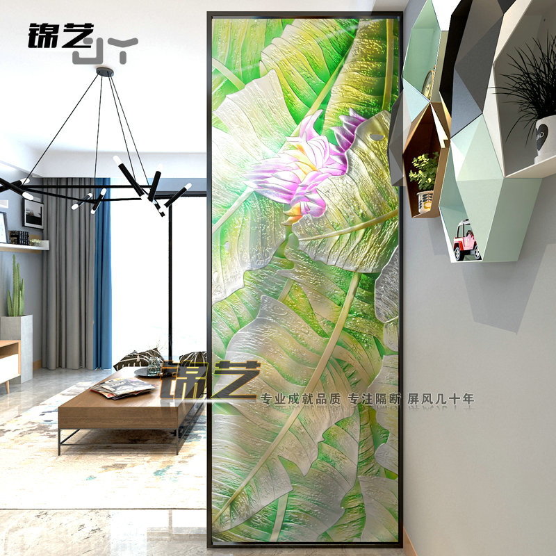 Custom carved tempered double-sided partition wall screen art glass American country living room porch shoe cabinet banana leaf