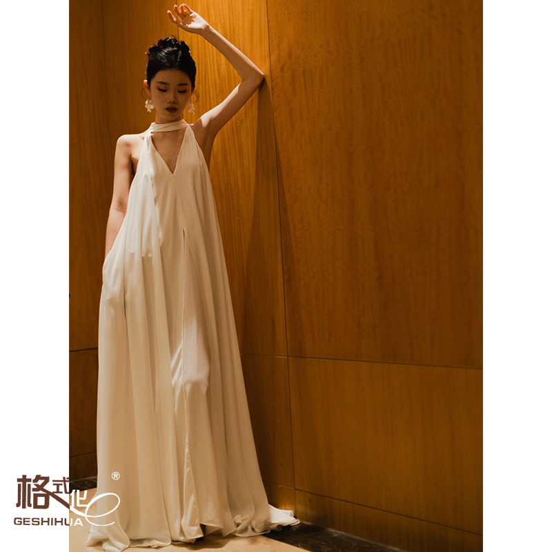 Milaad Hollow-Out Halter Dress with a Relaxed Fit, Fairy-Like Skirt, Engagement Toast Dress, Morning Gown, Holiday Beach Long Dress