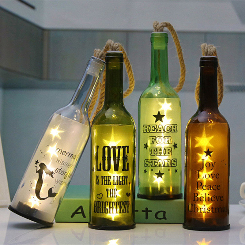 Craft cutting glass bottle Creative luminous red wine bottle LED light string suspension lifting rope lucky stars Bottle Wishing Bottle