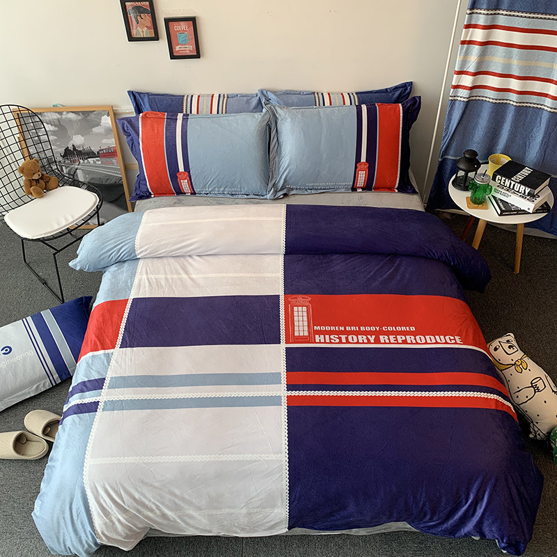 Baby suede winter bed linen plus suede thickened Three sets of Mediterranean Inn Wind boys Teenage Bed Four Sets