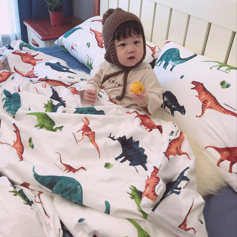 Dinosaur pure cotton children's bed four-piece set boy boy girl cartoon student bed sheet quilt cover 1 2 meters 1 5m