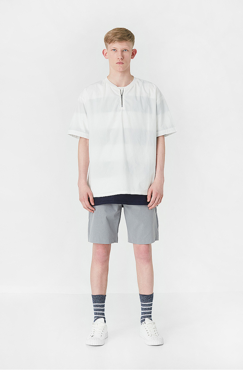 C & A Gân Nửa Mở Cổ Áo Màu Rắn Áo Sơ Mi Nam Cotton Loose Cao Cổ Ngắn Tay Áo Top CA200202880