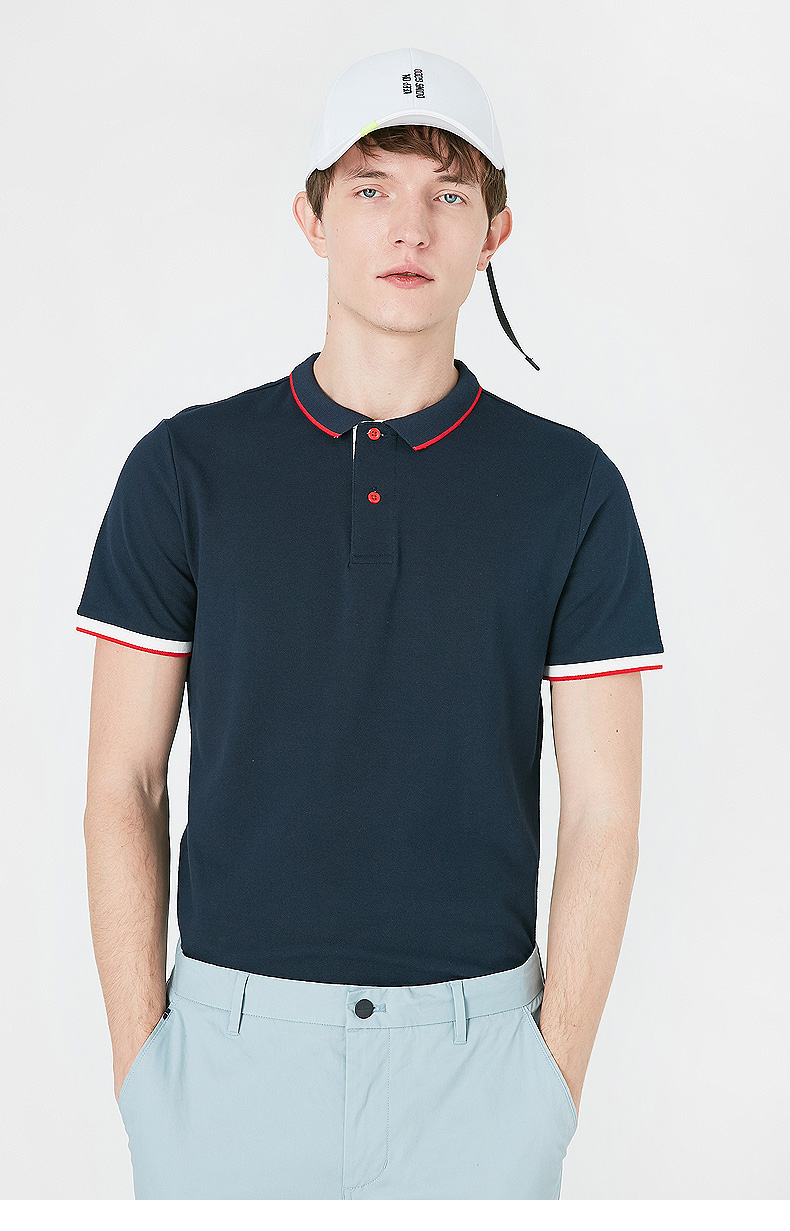 C & A Men Stretch Stretch Tương phản gân tay áo ngắn Áo thun đính cườm Cotton Casual Ve áo Top CA200202745 áo cotton nam