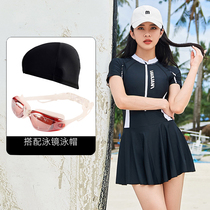 Lotus Leaf Side Skirt Type Flat Angle One-piece Swimsuit Women Sunscreen Slim Fit Slim with chest cushion Seaside Soak Spa Swimming black