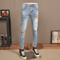 Summer Money Light Color Jeans Men Tide Card Elastic Body Small Foot Pants Patch Splice Collision Color Casual Long Pants