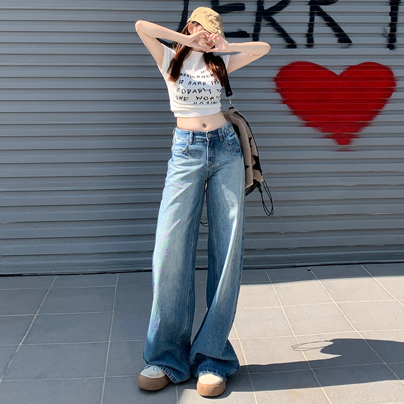 Zyz American Retro Low-Waist Wide-Leg Jeans for Women, Summer 2026 New Style, Loose Straight-Leg Drapey Floor-Length Pants