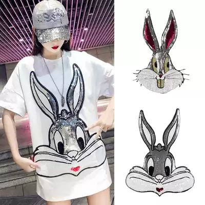 Fashion cartoon oversized Bugs Bunny sequins cloth stickers clothes holes stickers Sweater sweater decorative beads embroidered rabbit head