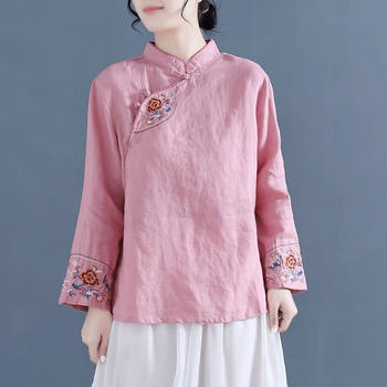 2025 embroidered ແຂນຍາວ stand collar diagonal plaid button cotton and linen top women's chinese style ethnic retro zen tea dress shirt