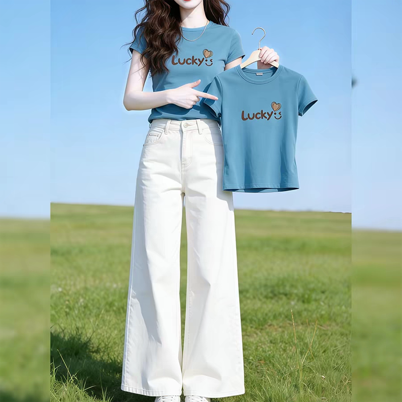 Pure Cotton Blue Short-Sleeved T-Shirt for Women 2026 Summer Expression Letter Print T-Shirt Plus Size Slimming Top for Fat Girls