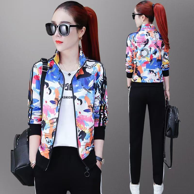 Brand Spring and Autumn Women's Floral Long-Sleeve Cardigan Clover Suit Fashion Casual Sportswear Three-Piece Set for Travel and Morning Jog