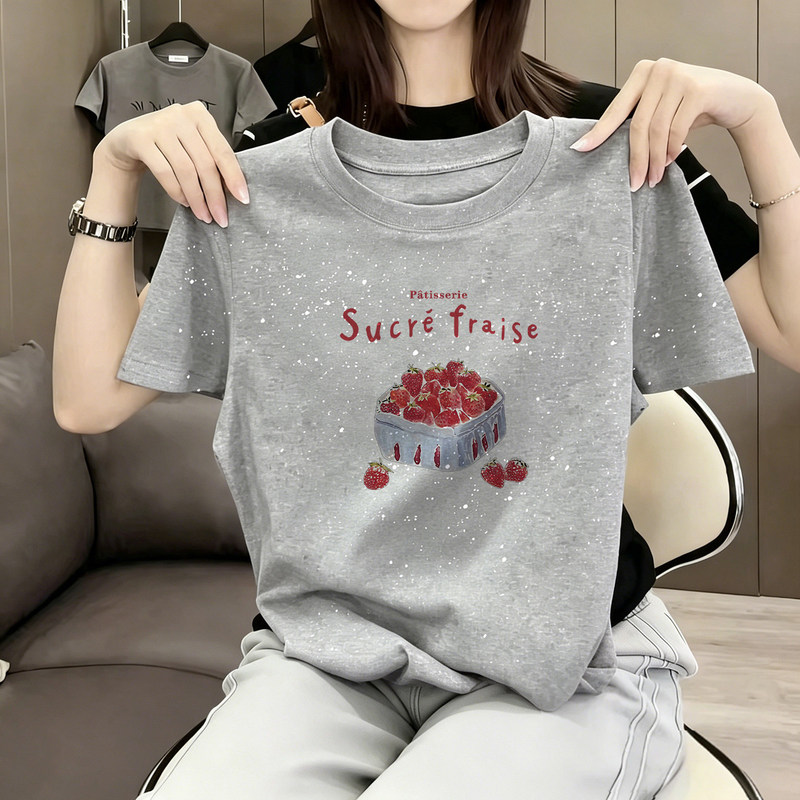 Korean-Style Starry Sequin Strawberry Print Short-Sleeve T-Shirt for Women, Summer Loose Fit, Round Neck, Slimming, High-End Feel Top