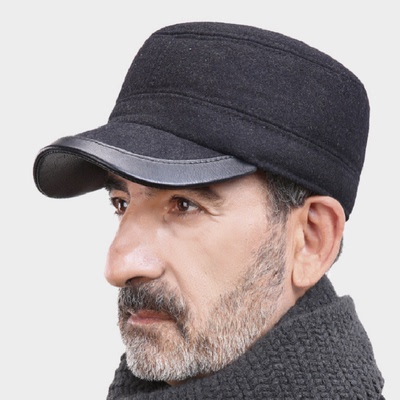 中老年帽秋冬毛呢护耳平顶帽老人帽子