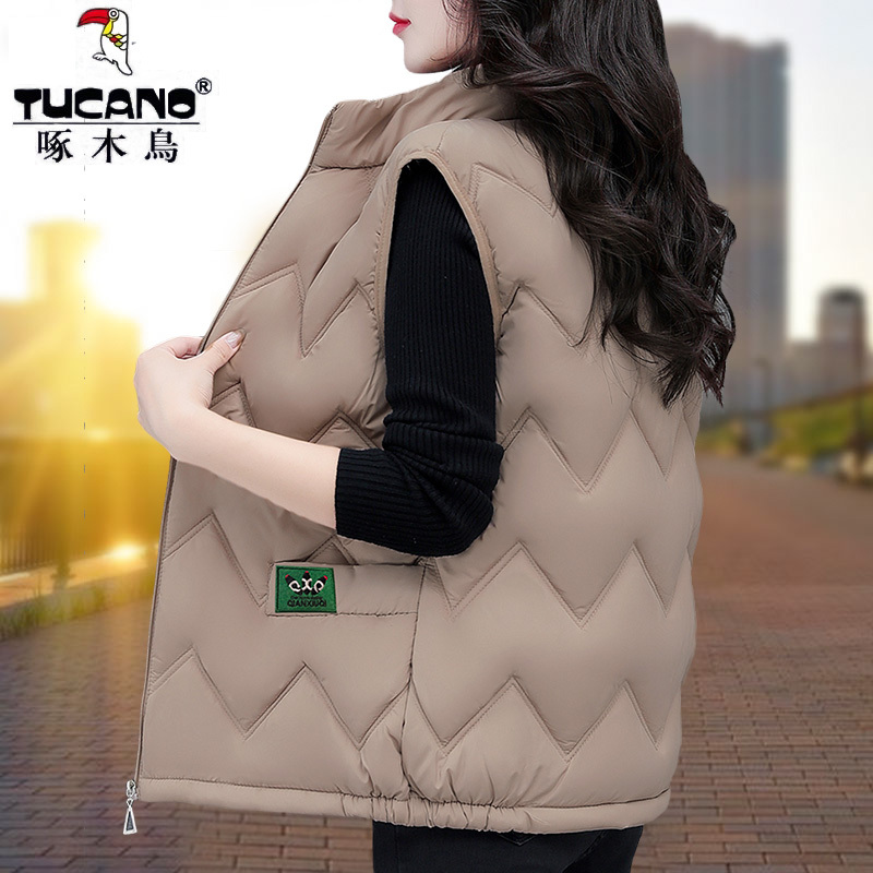 Woodpecker down Cotton Vest for Women, Autumn/Winter 2023 New Fashion Stand Collar Vest Jacket for Middle-Aged Mothers