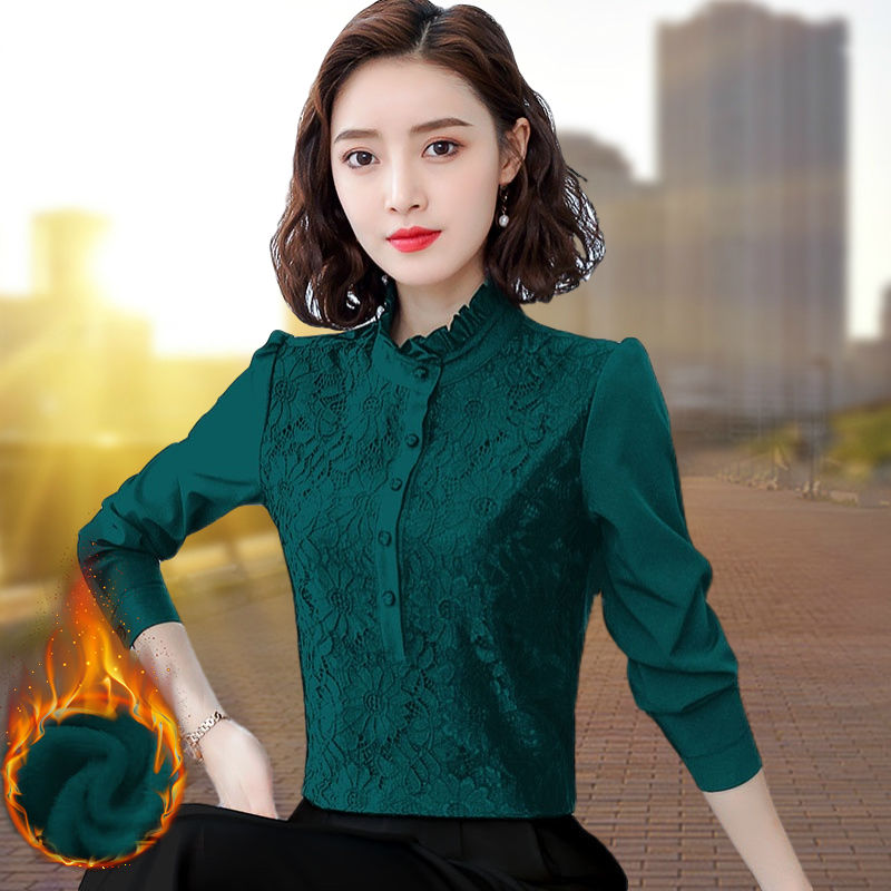 Stand Collar Lace Fleece-Lined Warm Base Shirt for Women, New Autumn and Winter Stylish Long-Sleeve Top, High-Neck Chiffon Blouse