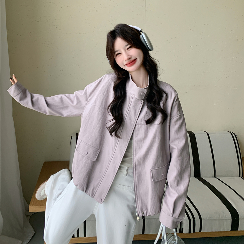 Beimuchi Purple Stand-Collar Leather Jacket Women's 2026 Spring Korean Style Sweet and Cool Super Stylish Protein Leather Jacket