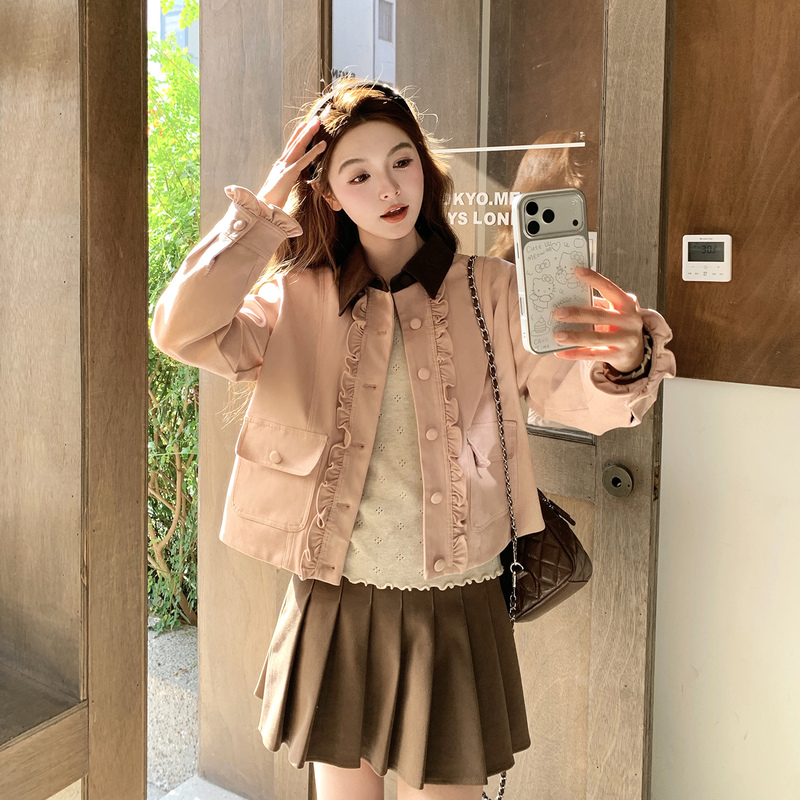 Beimuqi Pink Short Suede Jacket for Women 2026 Spring Season with Ruffled Edge Design and Patchwork Turn-Down Collar Jacket