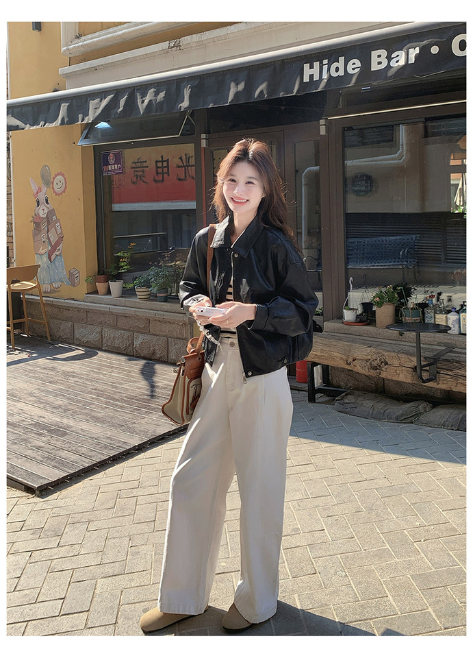 Áo khoác da PU nữ dáng ngắn cổ bẻ phong cách retro, form rộng, khóa kéo — màu đen chi tiết 24
