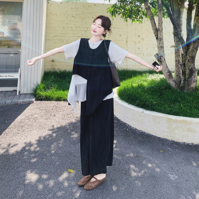 Beimuqi Tie-Dye Irregular Vest Wide-Leg Pants Three-Piece Set for Women 2026 Summer Super Trendy Unique Non-Replicated Outfit