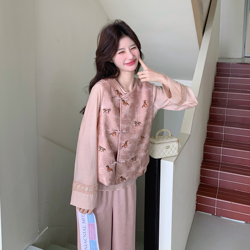 Pink New Chinese-Style Suit for Women 2026 Spring Unique Beautiful Design Embroidered Vest Shirt Wide-Leg Pants Three-Piece Set